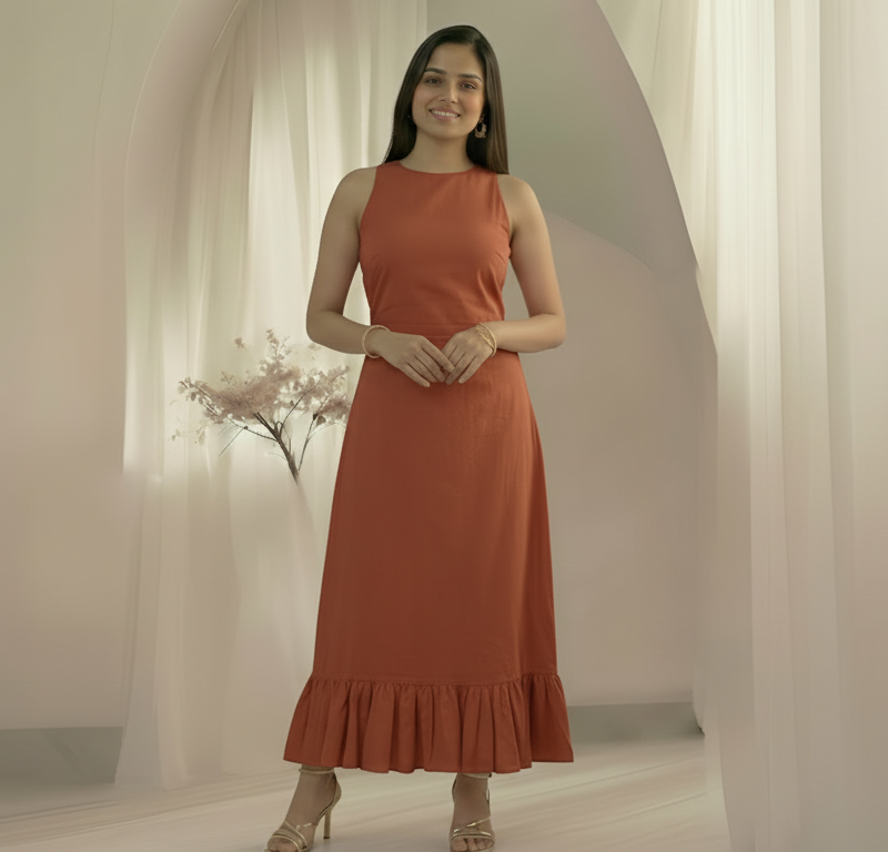 Rust orange sleeveless round neck a line dress with ruffle bottoms